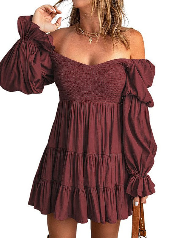 Stylish Square Neck Long-Sleeve Ruffled Dress in Solid Colors