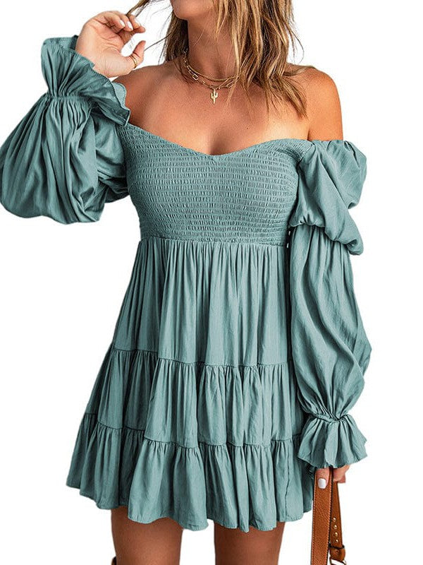 Stylish Square Neck Long-Sleeve Ruffled Dress in Solid Colors