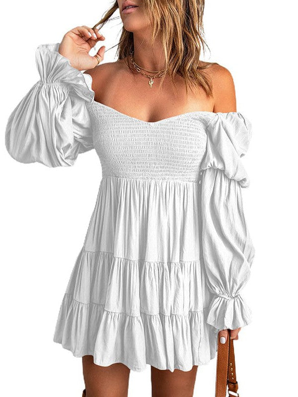 Stylish Square Neck Long-Sleeve Ruffled Dress in Solid Colors