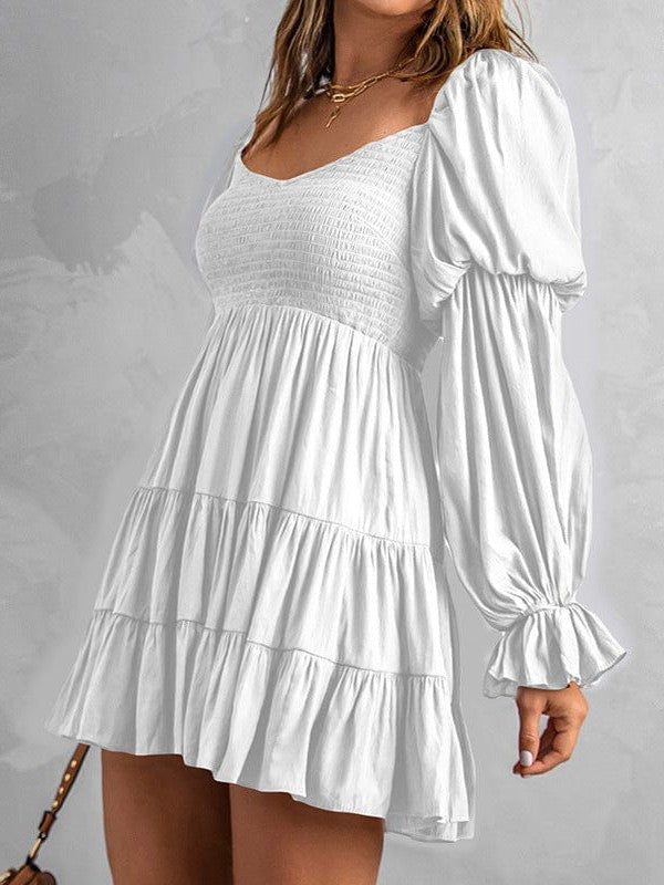 Stylish Square Neck Long-Sleeve Ruffled Dress In Solid Colors