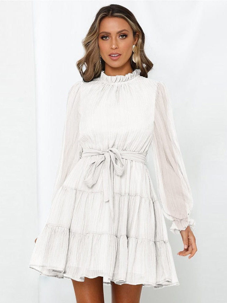 Stylish Strap Waist High Neck Long Sleeve Dress with Solid Color Skirt