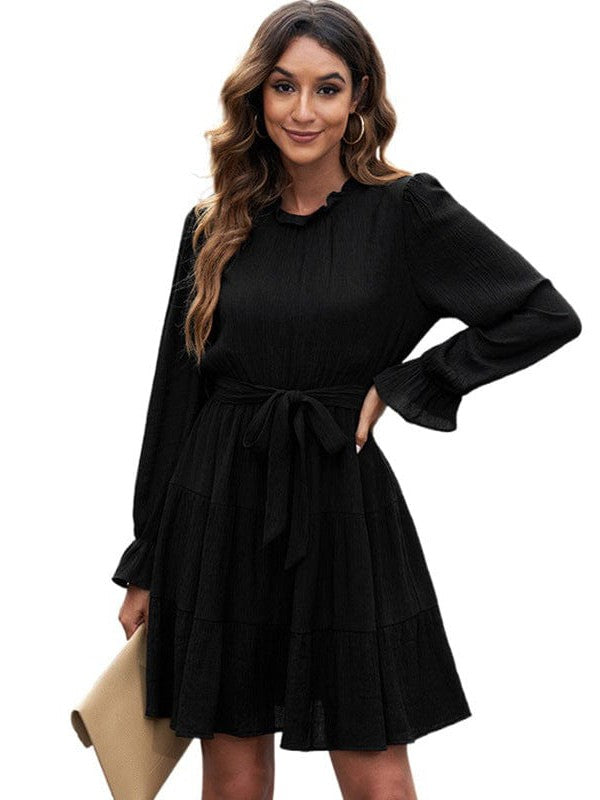 Stylish Strap Waist High Neck Long Sleeve Dress with Solid Color Skirt