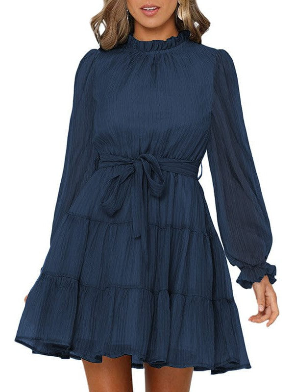 Stylish Strap Waist High Neck Long Sleeve Dress with Solid Color Skirt