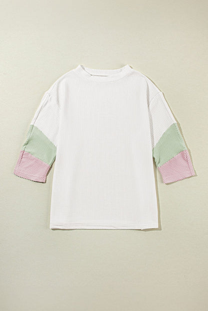 Stylish White Ribbed Knit Top with Quarter Sleeves