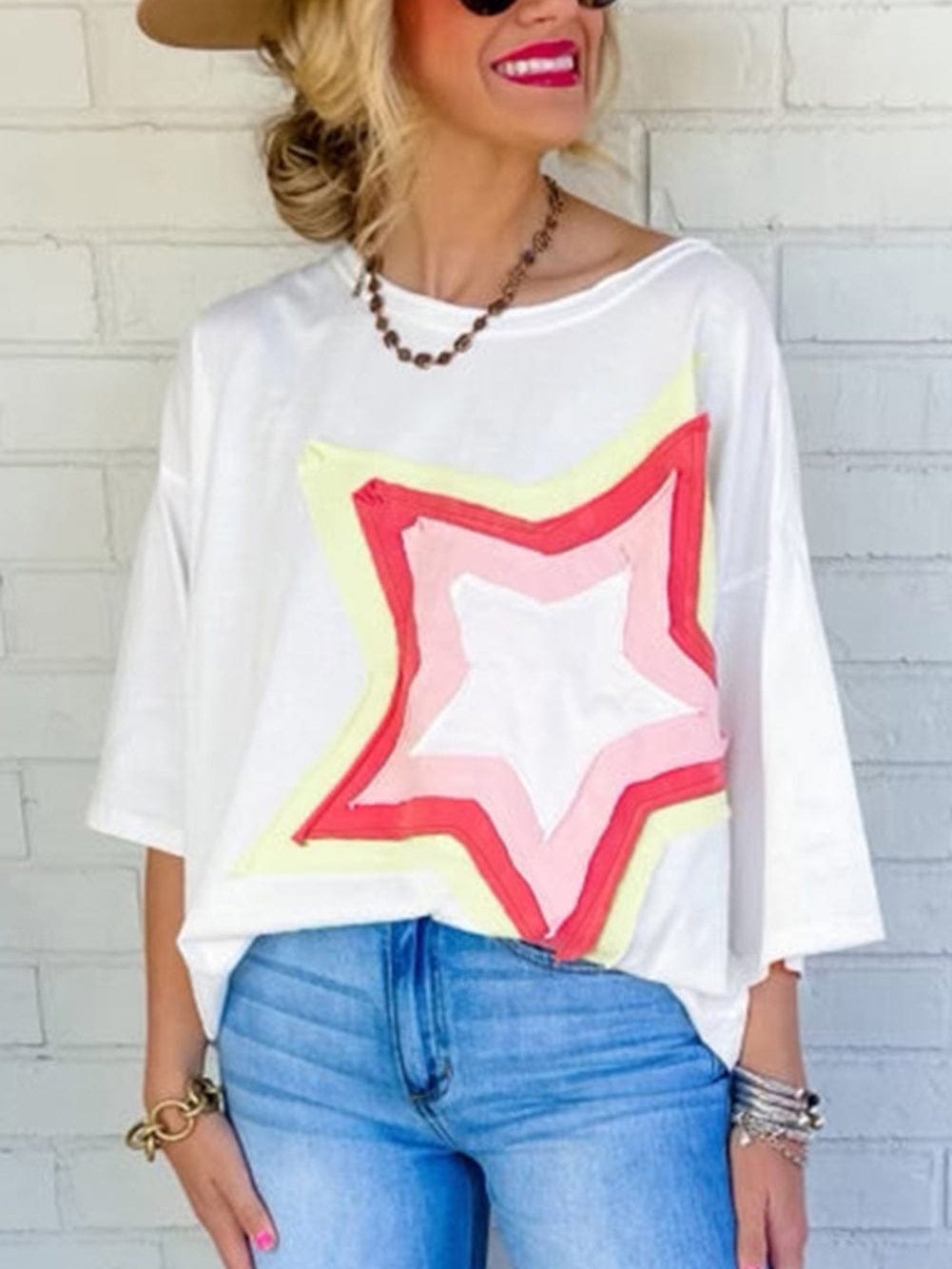 Stylish White Starry Oversized Tee with Half Sleeves