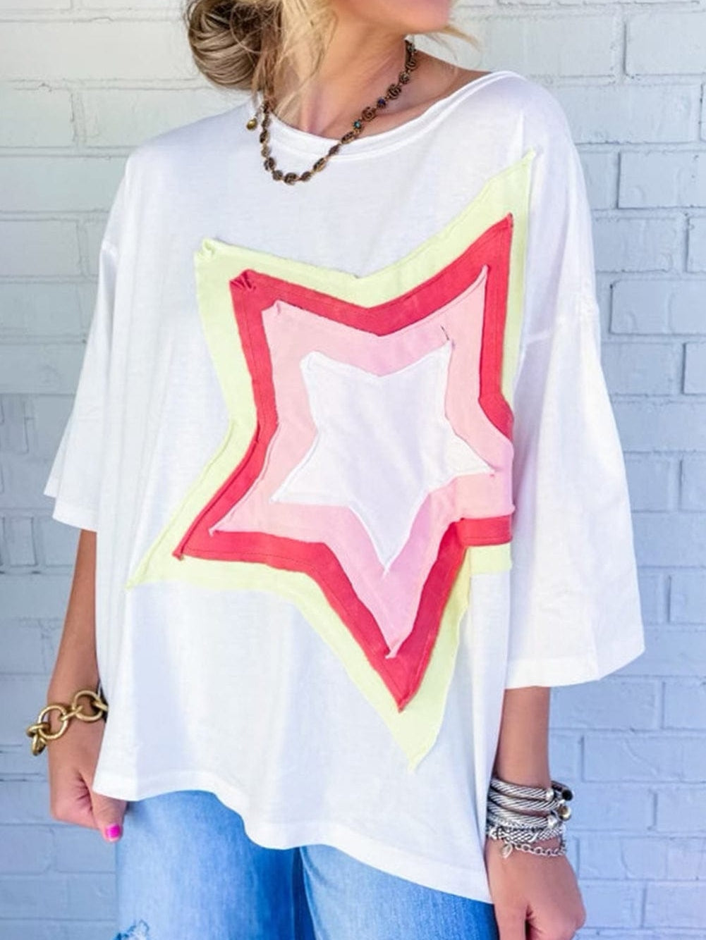 Stylish White Starry Oversized Tee with Half Sleeves