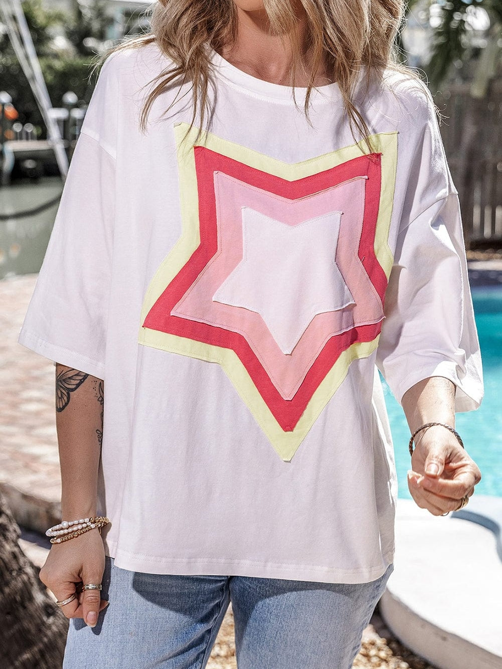 Stylish White Starry Oversized Tee with Half Sleeves