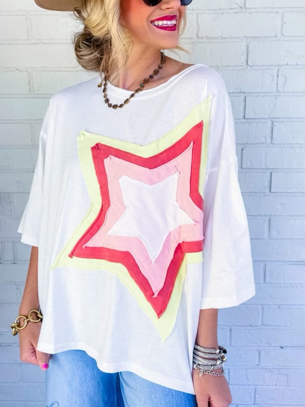Stylish White Starry Oversized Tee with Half Sleeves