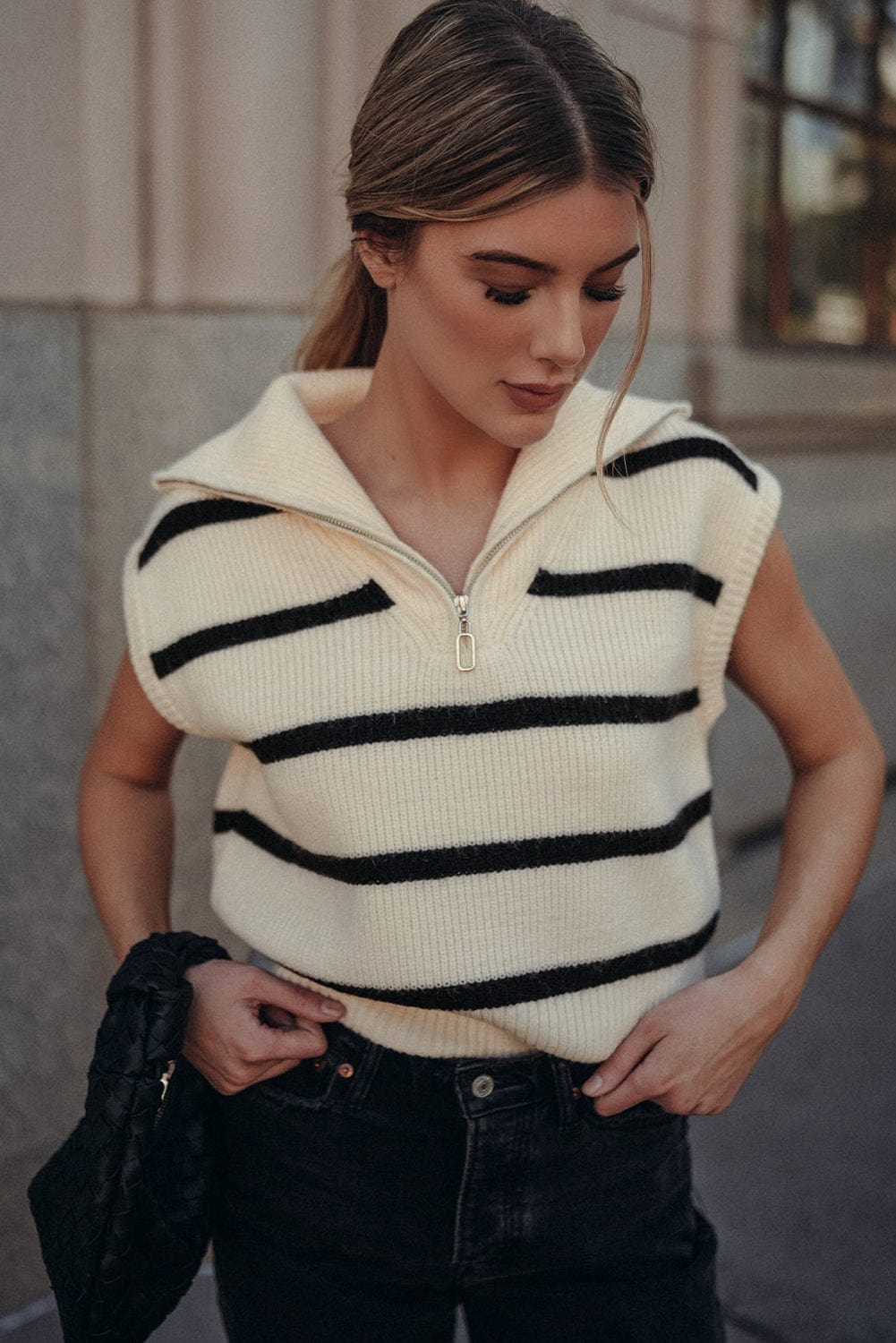 Stylish White Striped Zip-Up Collar Knit Top with Cap Sleeves