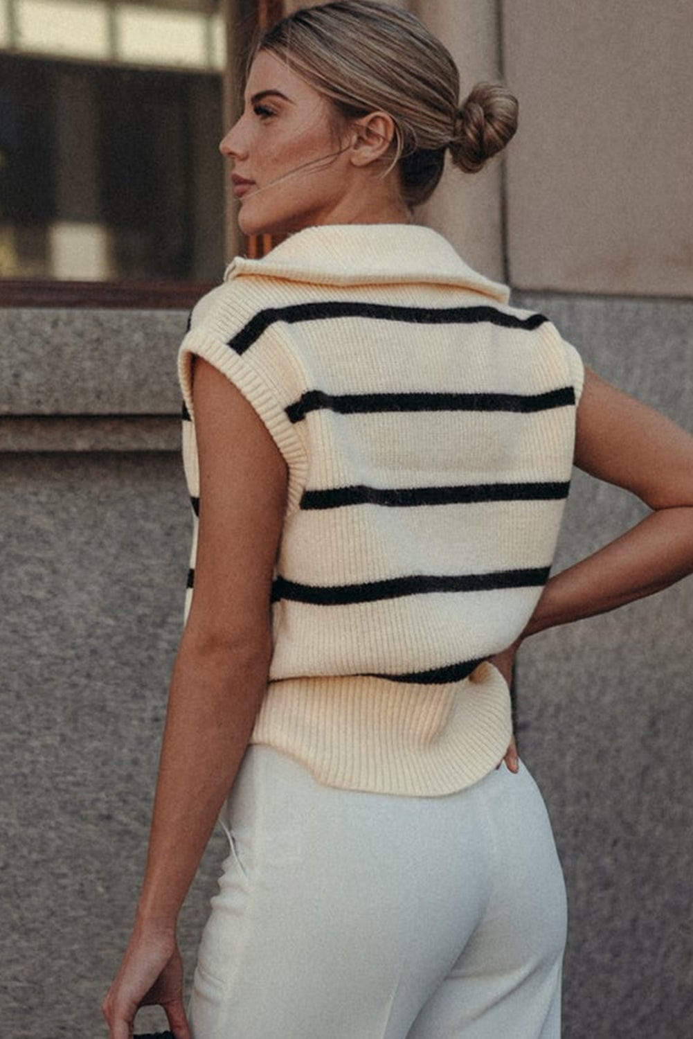 Stylish White Striped Zip-Up Collar Knit Top with Cap Sleeves