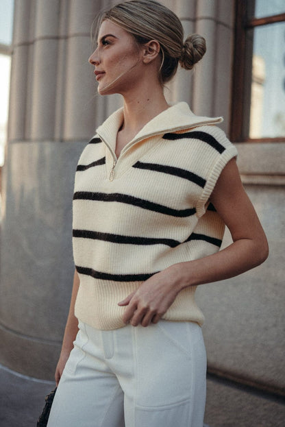 Stylish White Striped Zip-Up Collar Knit Top with Cap Sleeves