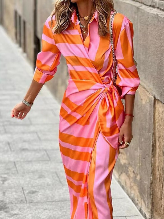 Women's Dress - Shirt Dress Bodycon Wrap Dress Maxi long Dress Outdoor Daily Polyester Fashion Boho Shirt Collar Ruched Split Long Sleeve Summer Fall Spring 2023 Regular Fit Purple Orange Green