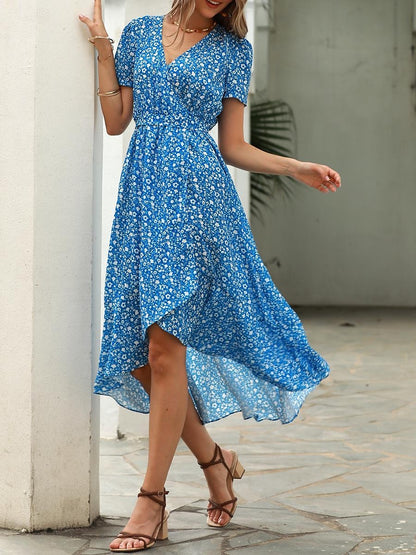 Women's Floral Ruffle Dress Blue Chiffon A Line Dress Midi Split Thigh V Neck Beach Vacation Sleeveless Summer