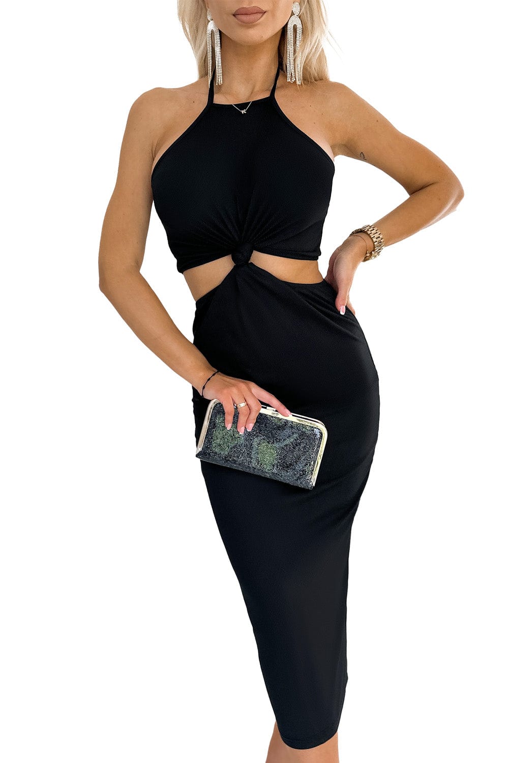 Sultry Black Twist Halter Ribbed Midi Dress