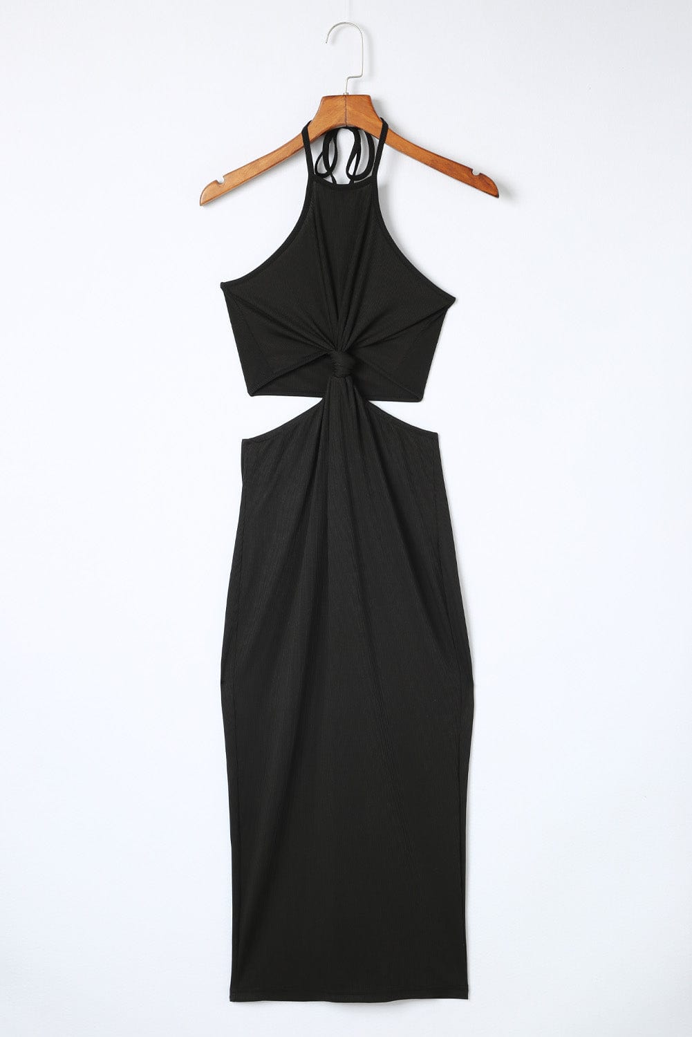 Sultry Black Twist Halter Ribbed Midi Dress