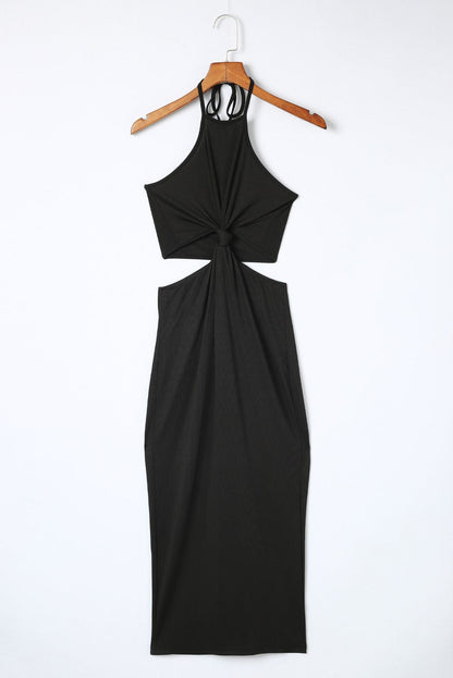 Sultry Black Twist Halter Ribbed Midi Dress