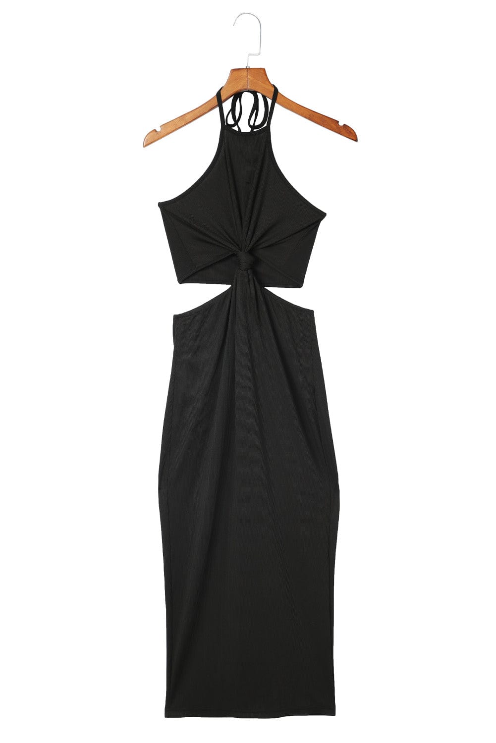 Sultry Black Twist Halter Ribbed Midi Dress