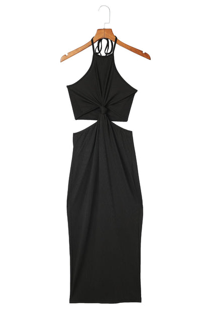 Sultry Black Twist Halter Ribbed Midi Dress