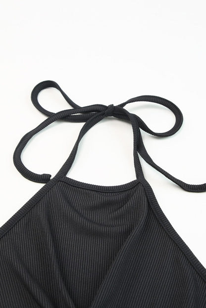 Sultry Black Twist Halter Ribbed Midi Dress