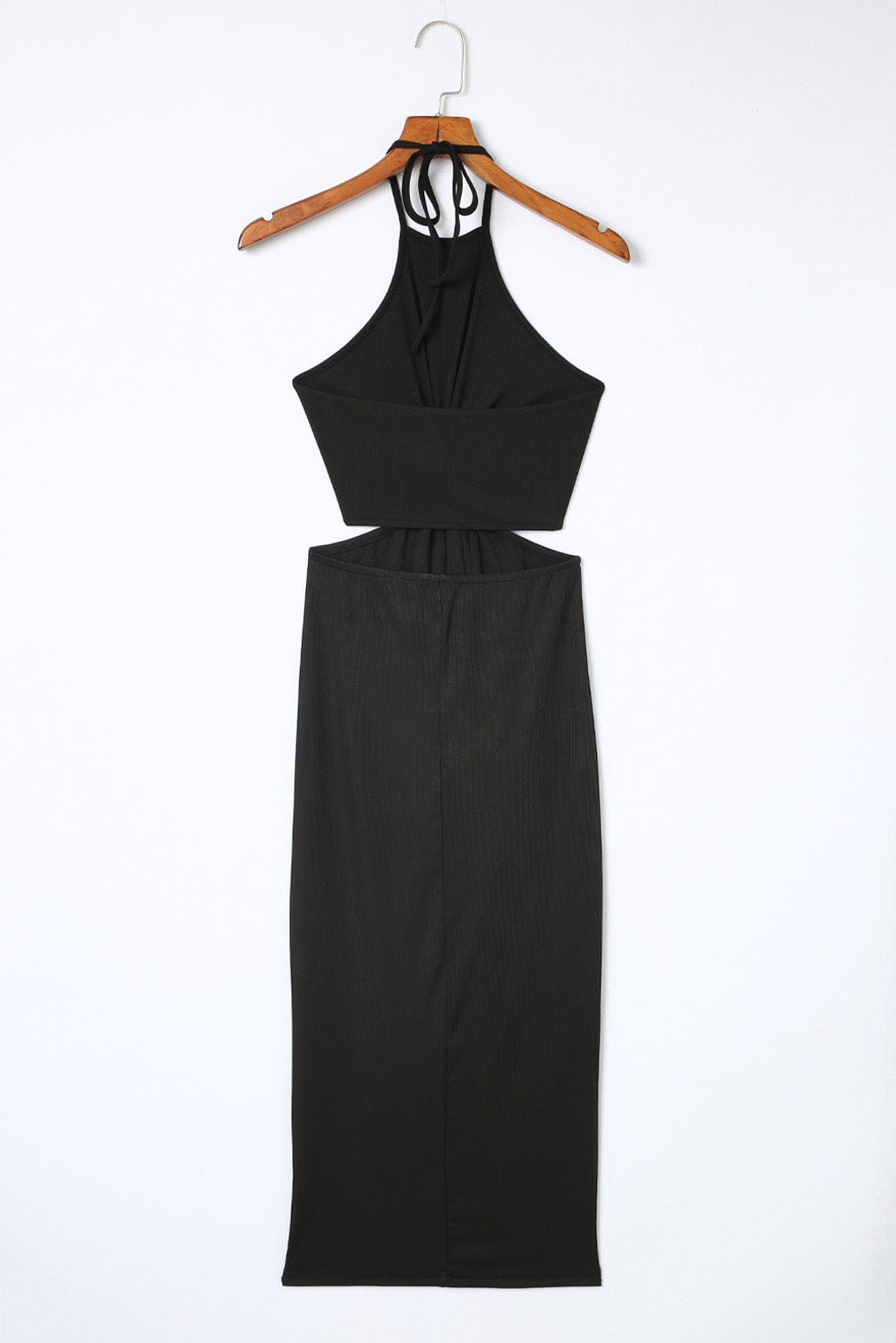 Sultry Black Twist Halter Ribbed Midi Dress