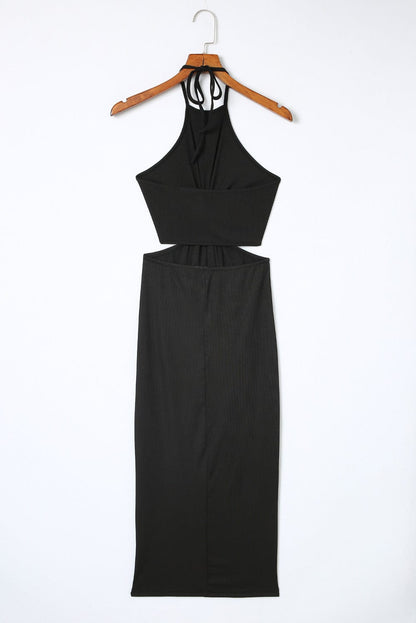 Sultry Black Twist Halter Ribbed Midi Dress