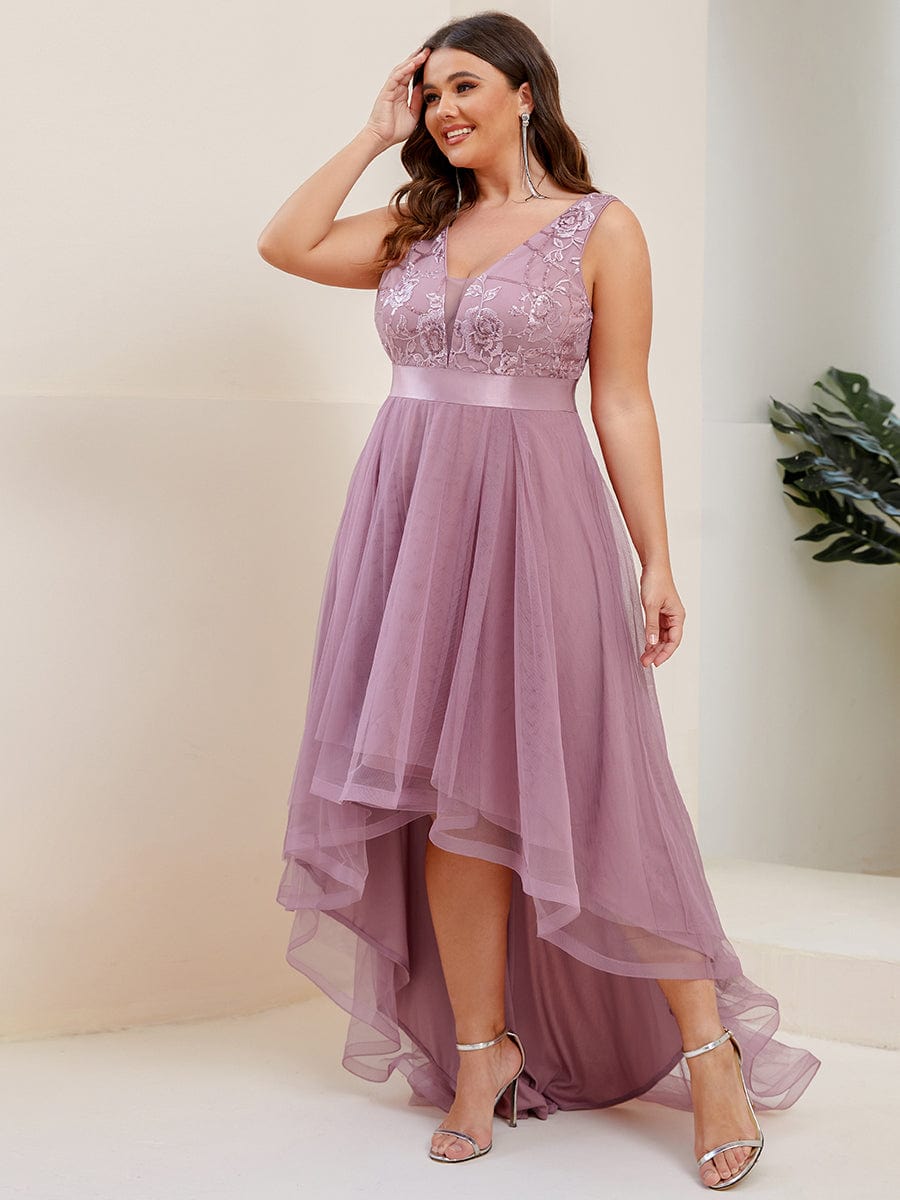 Sultry V-Neck High-Low Tulle Prom Dress with Sequin Detail