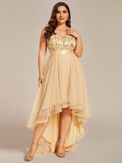 Sultry V-Neck High-Low Tulle Prom Dress with Sequin Detail