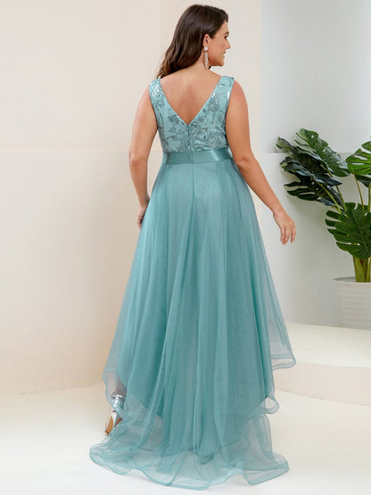 Sultry V-Neck High-Low Tulle Prom Dress with Sequin Detail