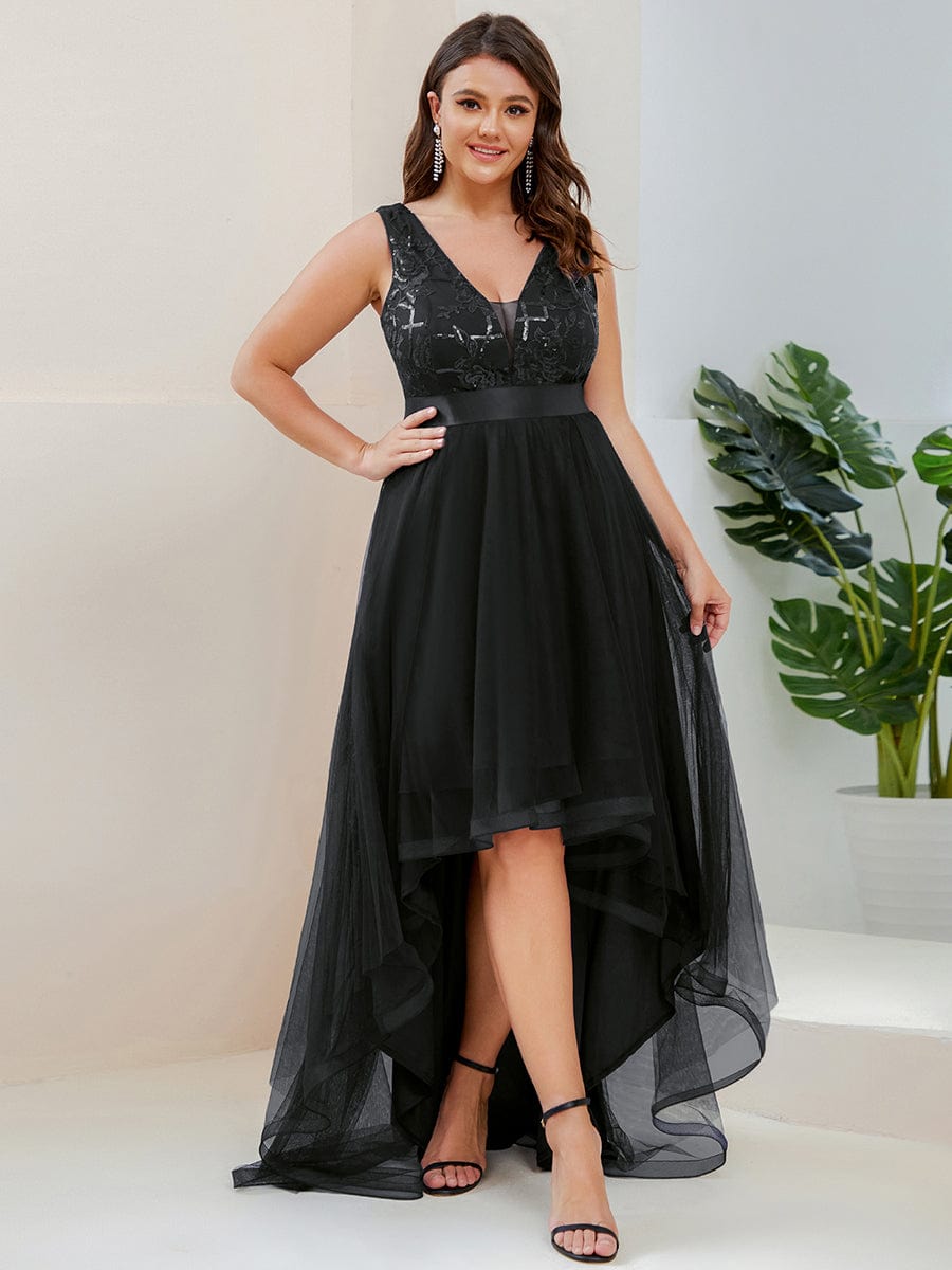 Sultry V-Neck High-Low Tulle Prom Dress with Sequin Detail