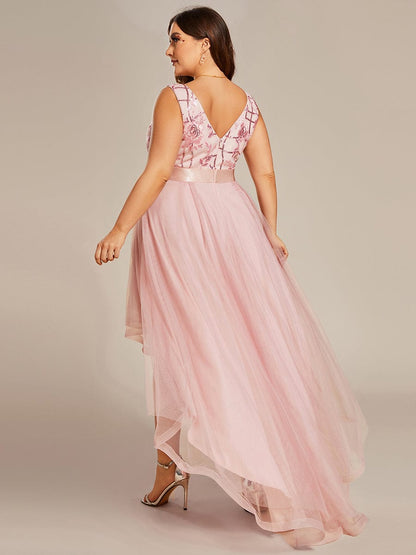 Sultry V-Neck High-Low Tulle Prom Dress with Sequin Detail