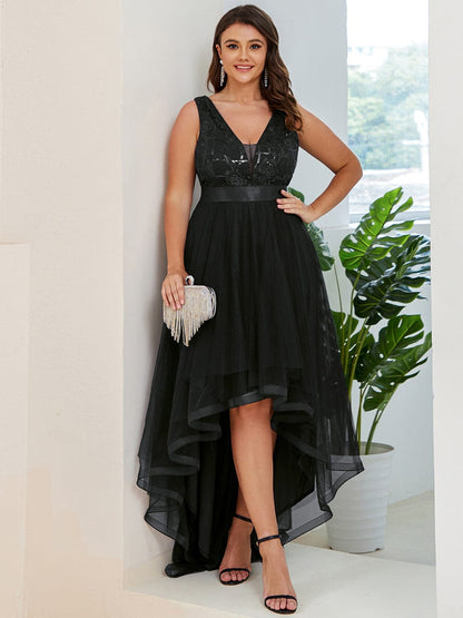 Sultry V-Neck High-Low Tulle Prom Dress with Sequin Detail