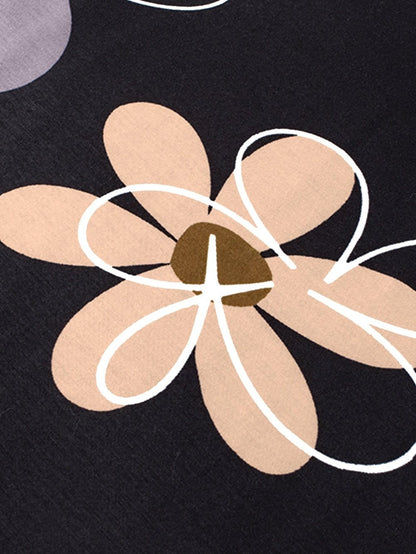 Summer Blossom Print Black Casual Round Neck Tee