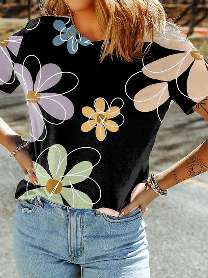 Summer Blossom Print Black Casual Round Neck Tee