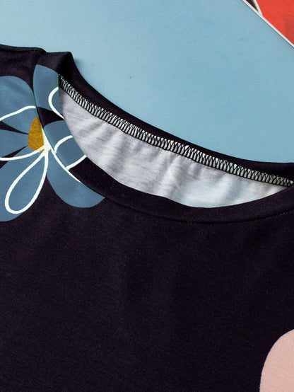 Summer Blossom Print Black Casual Round Neck Tee
