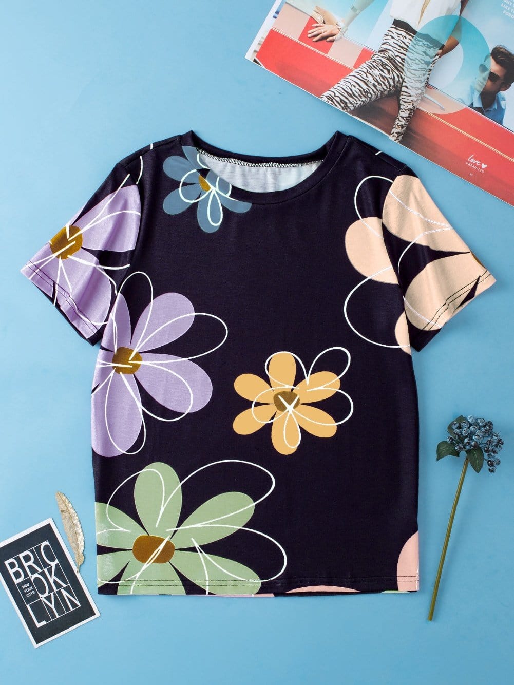 Summer Blossom Print Black Casual Round Neck Tee