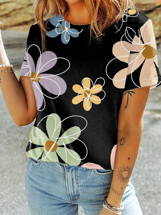 Summer Blossom Print Black Casual Round Neck Tee