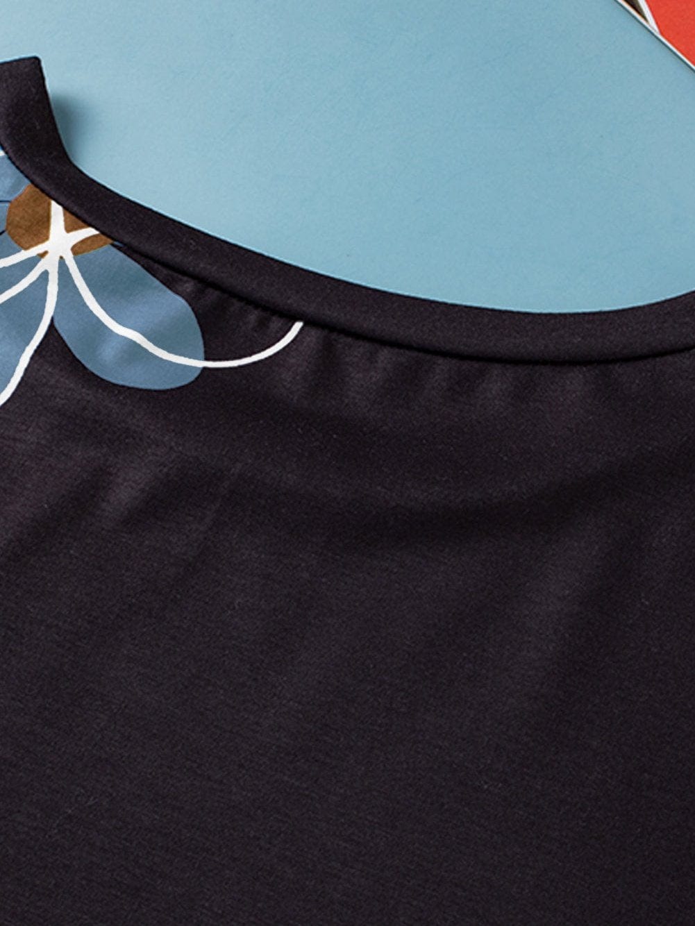 Summer Blossom Print Black Casual Round Neck Tee