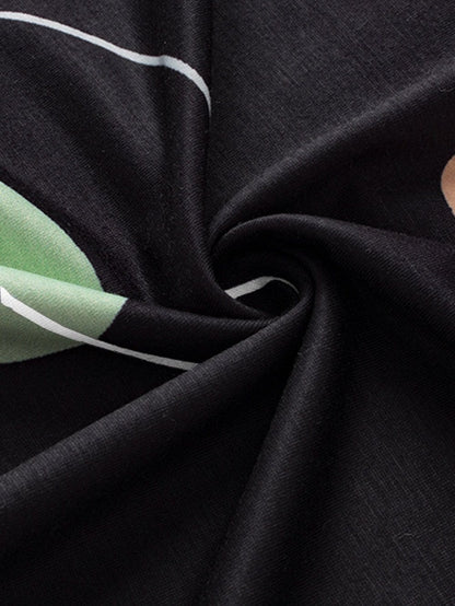 Summer Blossom Print Black Casual Round Neck Tee