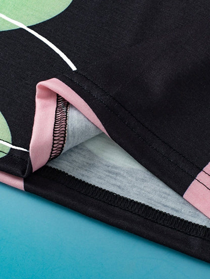 Summer Blossom Print Black Casual Round Neck Tee