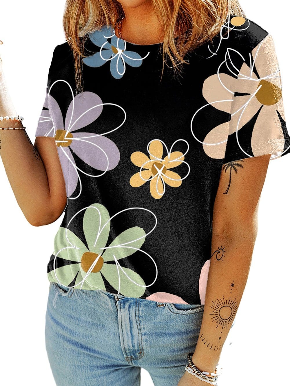 Summer Blossom Print Black Casual Round Neck Tee