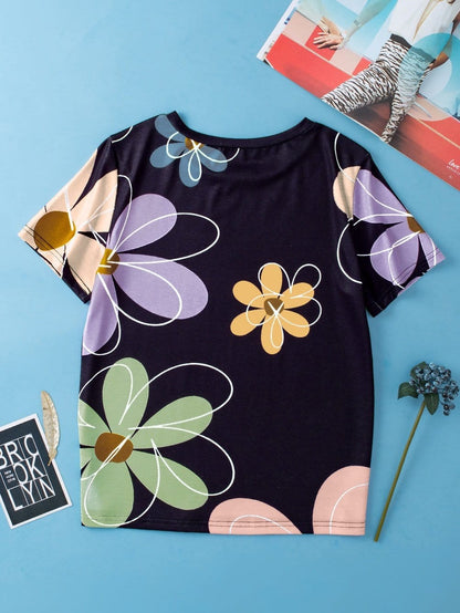 Summer Blossom Print Black Casual Round Neck Tee