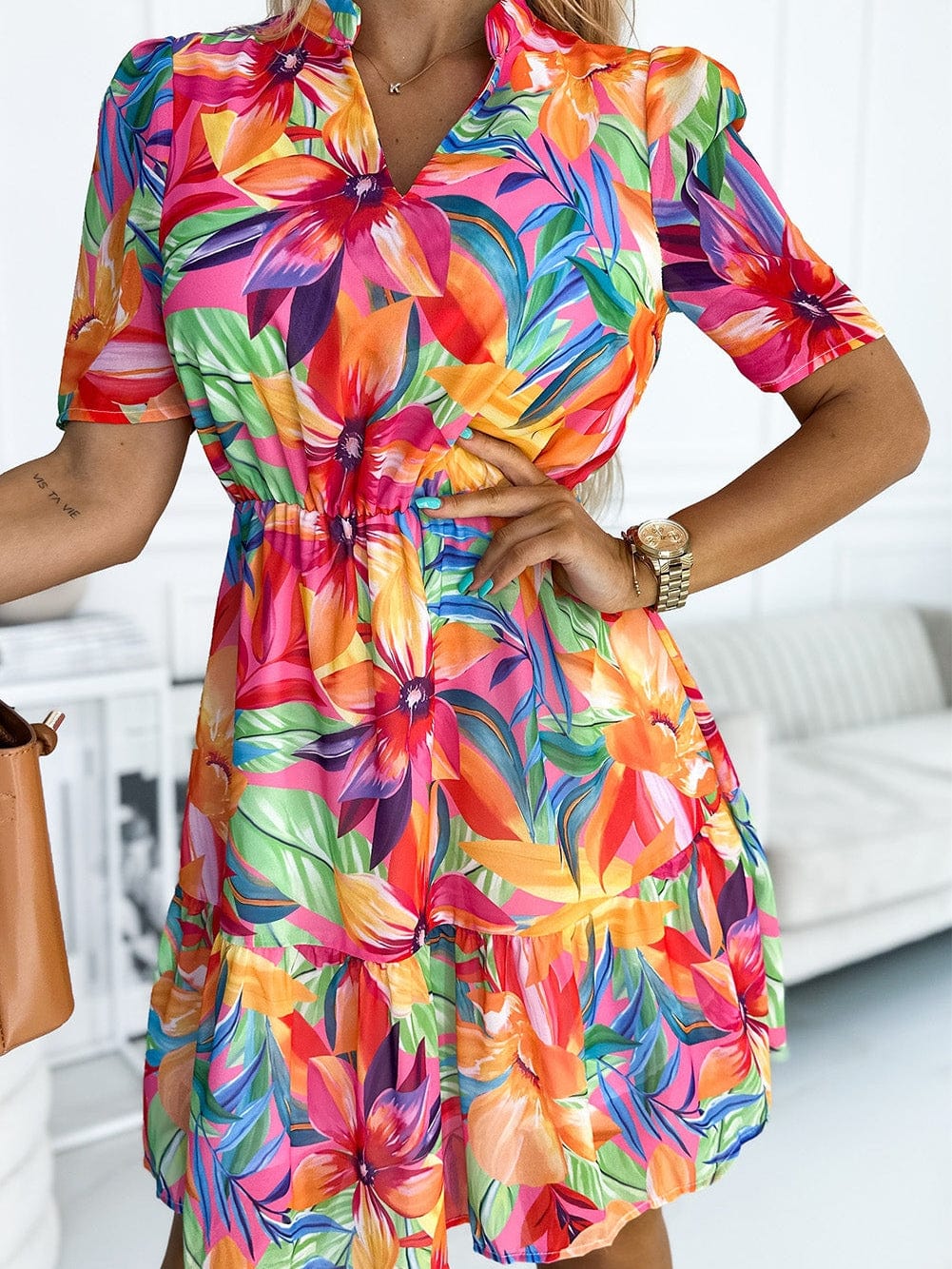 Summer Blossom Vibe V Neck Short Sleeve Dress
