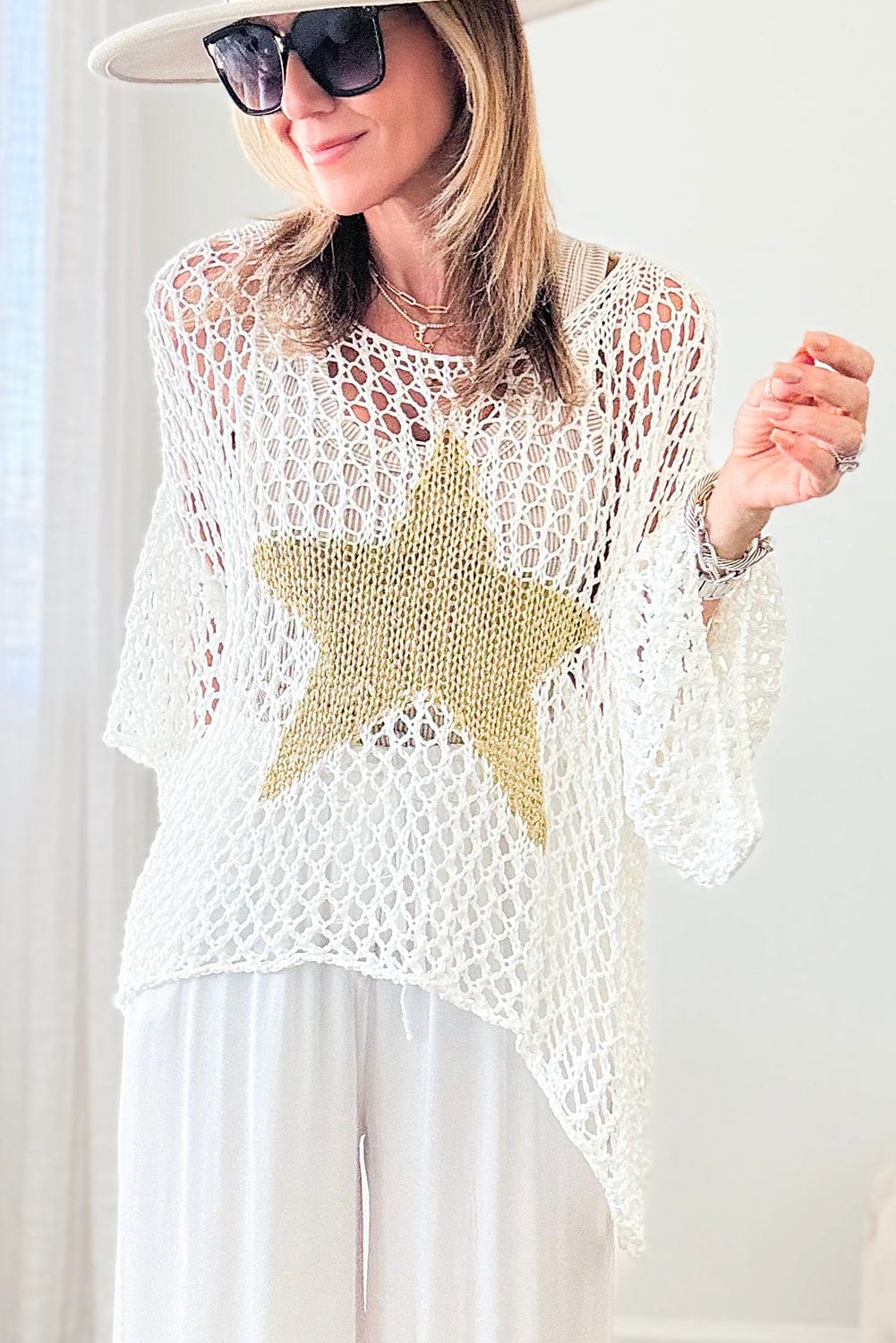 Summer White Star Crochet Knit Top