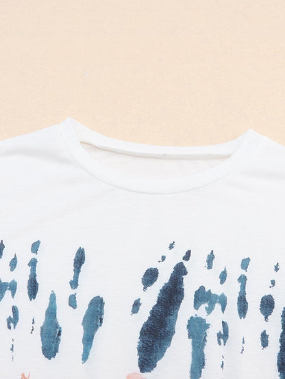 Summer White Tie Dye Maxi Dress with Cap Sleeves and Slit Detail