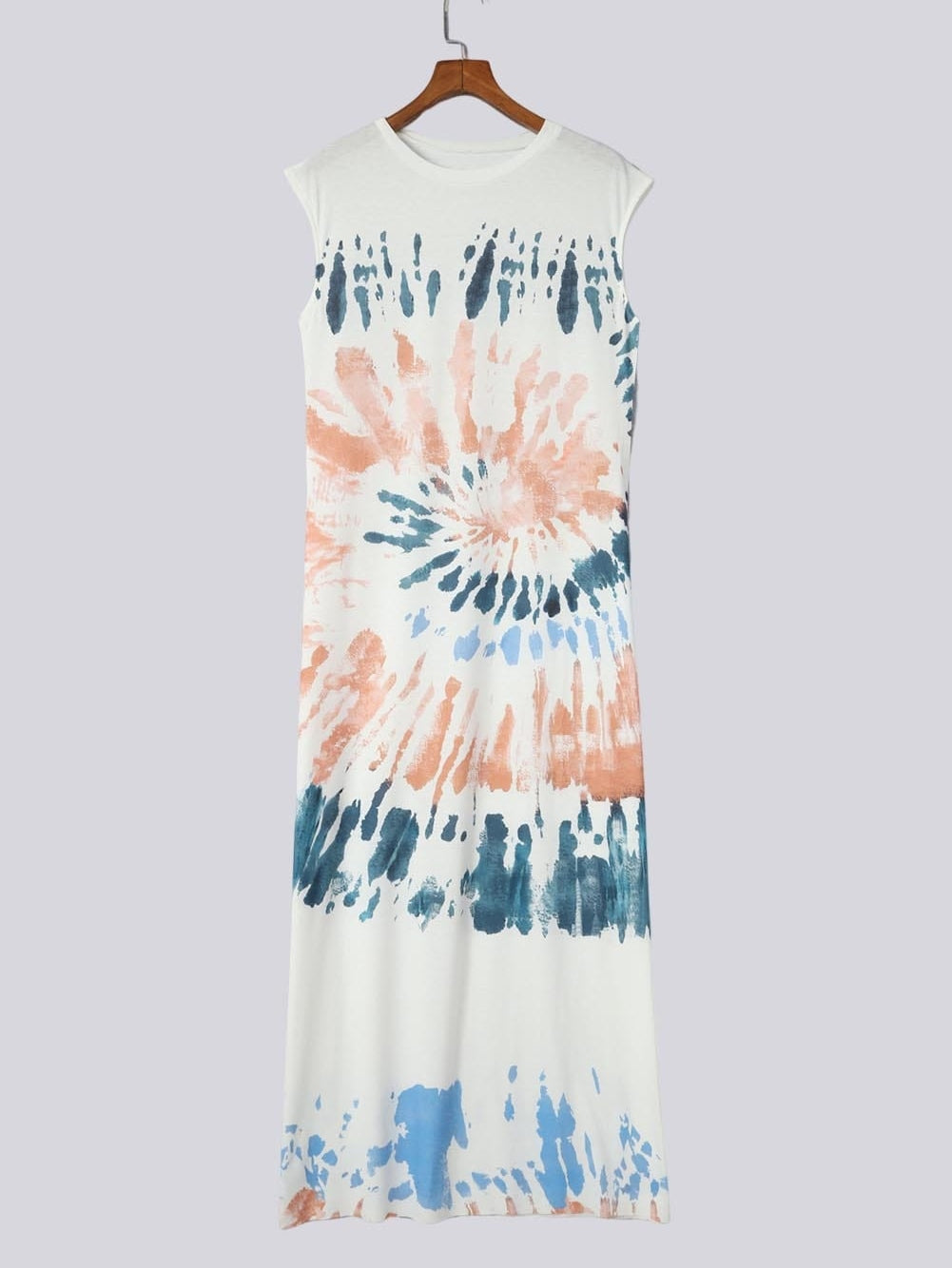Summer White Tie Dye Maxi Dress with Cap Sleeves and Slit Detail