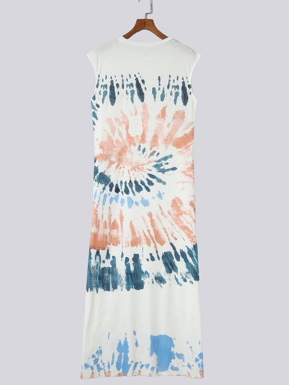 Summer White Tie Dye Maxi Dress with Cap Sleeves and Slit Detail