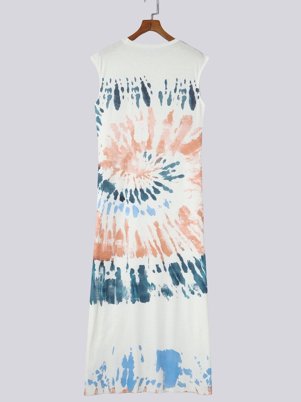Summer White Tie Dye Maxi Dress with Cap Sleeves and Slit Detail