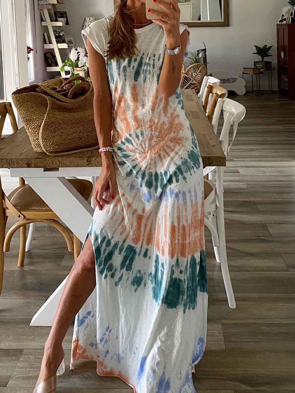 Summer White Tie Dye Maxi Dress with Cap Sleeves and Slit Detail
