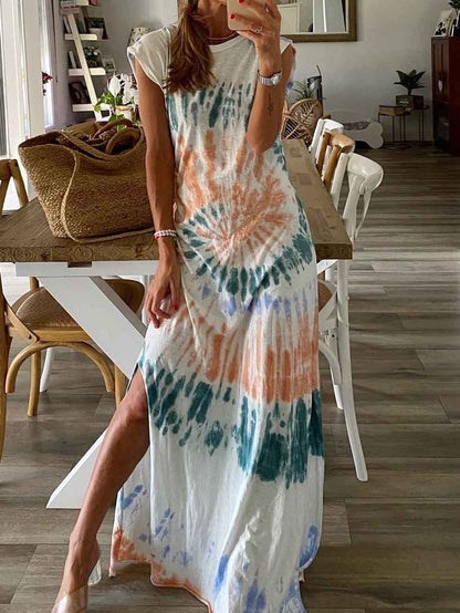 Summer White Tie Dye Maxi Dress with Cap Sleeves and Slit Detail