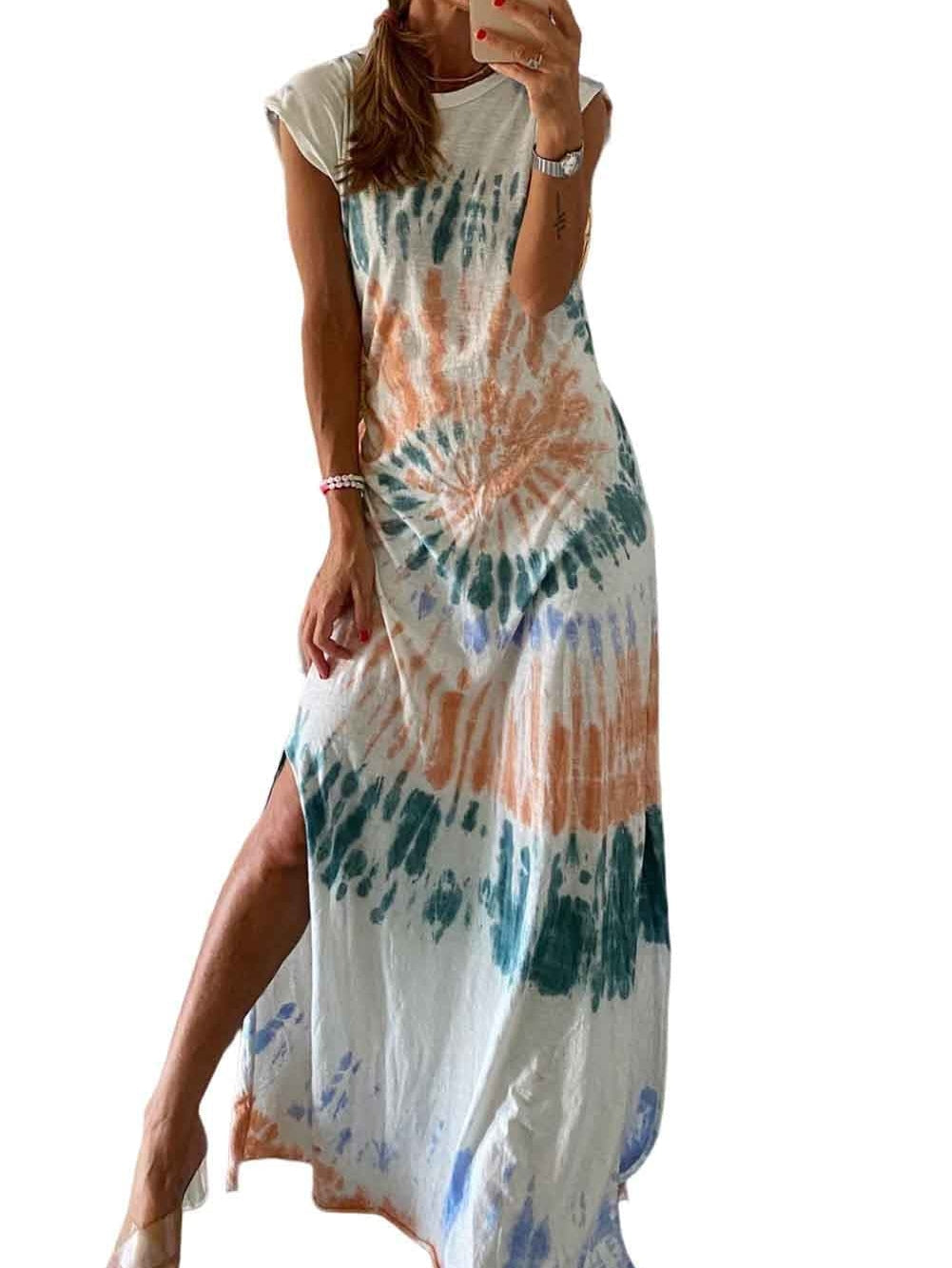 Summer White Tie Dye Maxi Dress with Cap Sleeves and Slit Detail